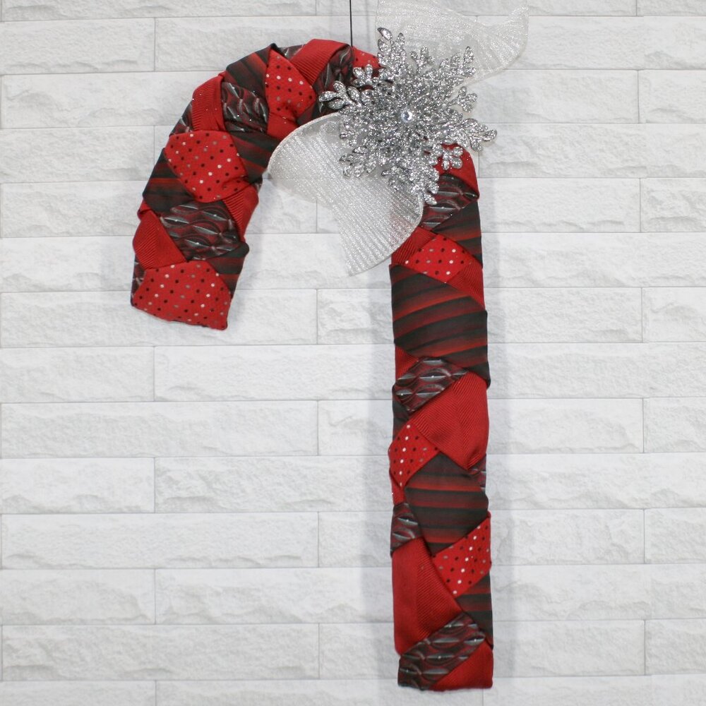HAND CRAFTED Candy Cane Red Black Wreath Christmas Decor Upcycled Necktie